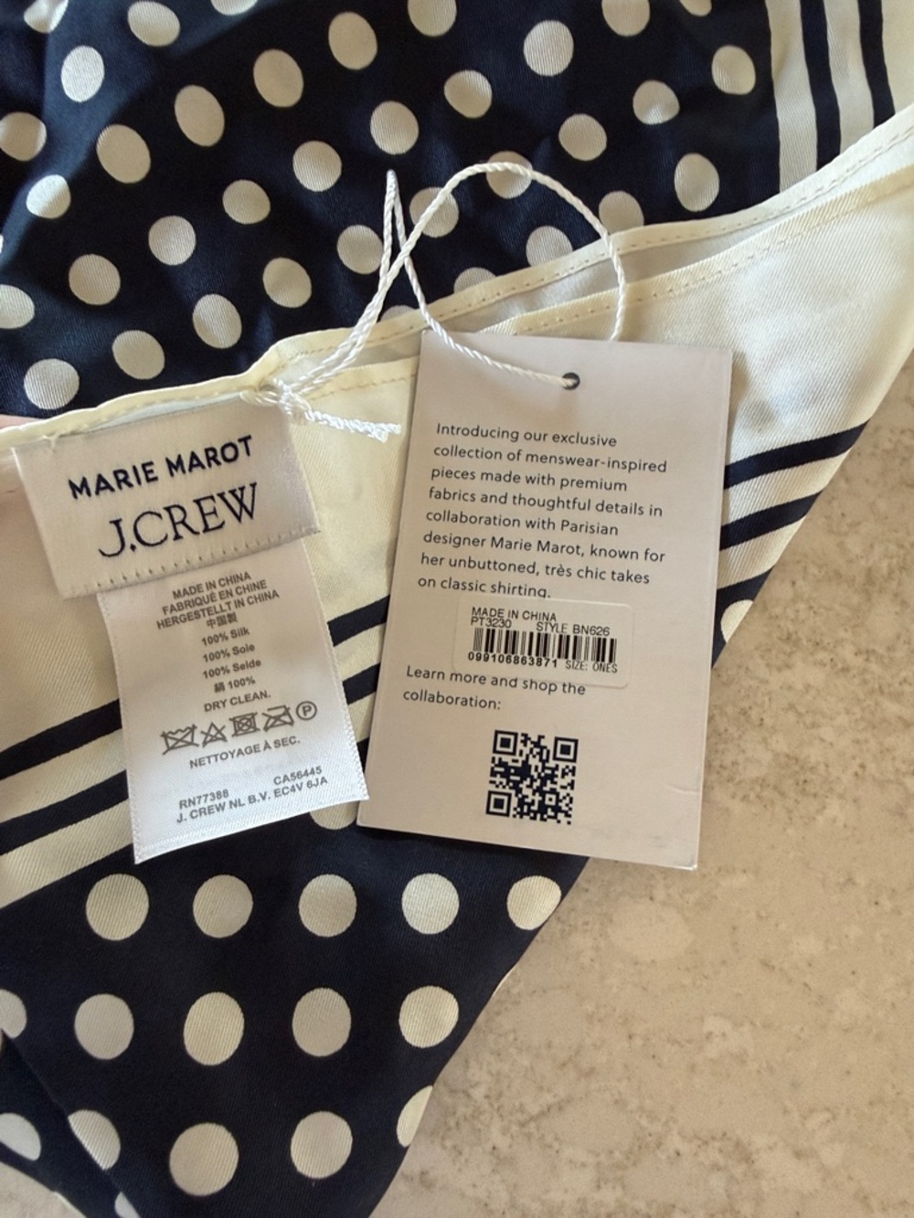 NWT Marie Marot x J. Crew Navy and Cream Polka Dot Silk Scarf - Picture 5 of 5